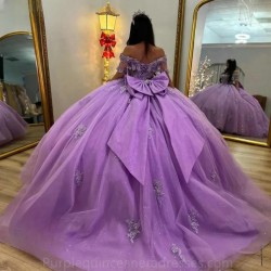 Off The Shoulder Lilac Illusion Appliques Lace Bow Ball Gown Quinceanera Dress Crystal Corset Vestidos De 15 Anos