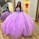 Off The Shoulder Lilac Illusion Appliques Lace Bow Ball Gown Quinceanera Dress Crystal Corset Vestidos De 15 Anos