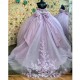 Off The Shoulder Lilac Illusion Beading Crystal Bow Quincenara Dresses Ball Gown Applique Lace Sweet 15 Vestidos De XV Anos