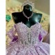 Off The Shoulder Lilac Illusion Beading Crystal Bow Quincenara Dresses Ball Gown Applique Lace Sweet 15 Vestidos De XV Anos