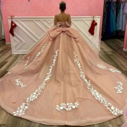 Off The Shoulder Pink Appliques Lace Bow Ball Gown Quinceanera Dresses 3D Flowers Corset Vestidos De 15 Anos