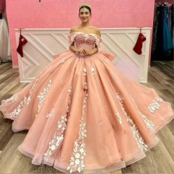 Off The Shoulder Pink Appliques Lace Bow Ball Gown Quinceanera Dresses 3D Flowers Corset Vestidos De 15 Anos