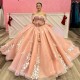 Off The Shoulder Pink Appliques Lace Bow Ball Gown Quinceanera Dresses 3D Flowers Corset Vestidos De 15 Anos