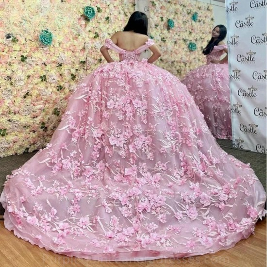 Off The Shoulder Pink Bow Quincenara Dresses Ball Gown Floral Applique Lace Sweet 15 Vestidos De XV Anos