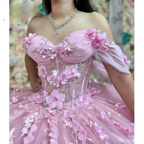 Off The Shoulder Pink Bow Quincenara Dresses Ball Gown Floral Applique Lace Sweet 15 Vestidos De XV Anos