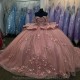 Off The Shoulder Pink Crystal Beading 3D Flowers Ball Gown Quinceanera Dresses Appliques Lace Ruffles Corset Vestidos De 15 Anos