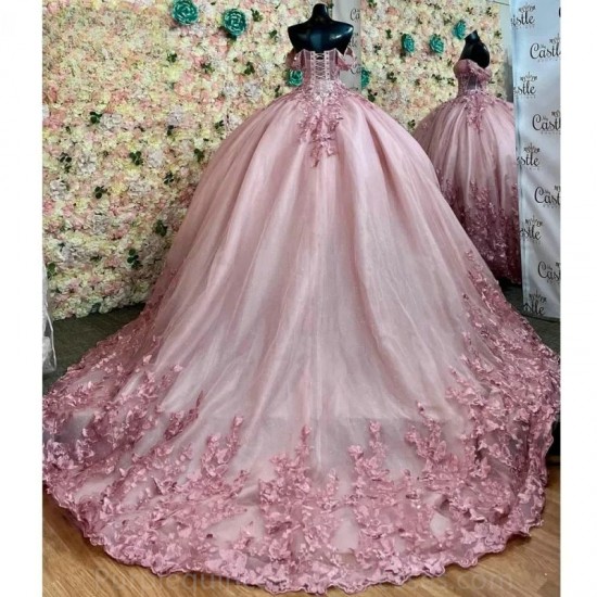 Off The Shoulder Pink Illusion Beading Crystal Quincenara Dresses Ball Gown Applique Lace Sweet 15 Vestidos De XV Anos