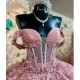 Off The Shoulder Pink Illusion Beading Crystal Quincenara Dresses Ball Gown Applique Lace Sweet 15 Vestidos De XV Anos