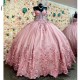 Off The Shoulder Pink Illusion Beading Crystal Quincenara Dresses Ball Gown Applique Lace Sweet 15 Vestidos De XV Anos