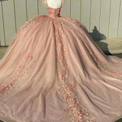 Off The Shoulder Pink Illusion Crystal Beading Quincenara Dresses Ball Gown 3D Flowers Appliques Sweet 15 Vestidos De XV Anos