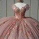 Off The Shoulder Pink Illusion Crystal Beading Quincenara Dresses Ball Gown 3D Flowers Appliques Sweet 15 Vestidos De XV Anos