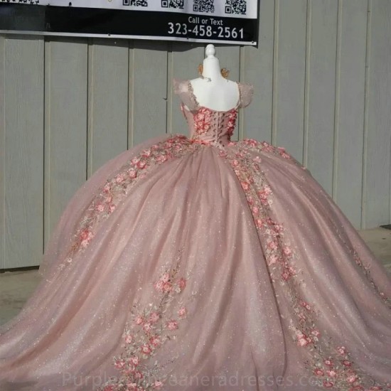 Off The Shoulder Pink Illusion Crystal Beading Quincenara Dresses Ball Gown 3D Flowers Appliques Sweet 15 Vestidos De XV Anos