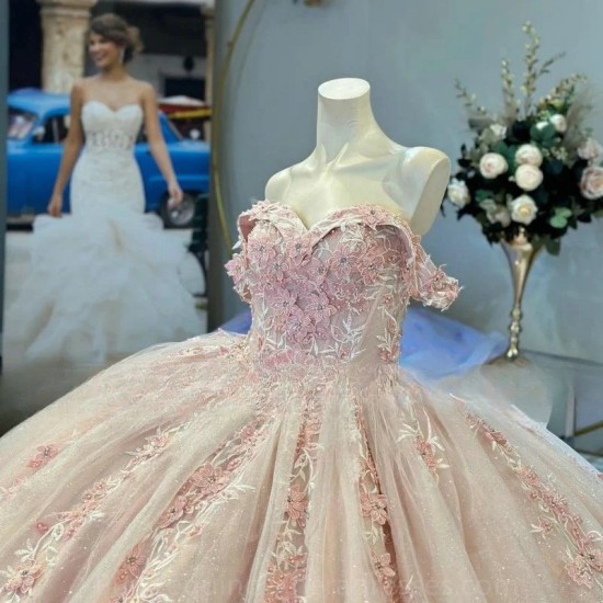 Off The Shoulder Pink Quinceanera Dress 2024 3D Flowers Prom Dresses Princess Ball Gowns Vestidos De 15 Quinceanera