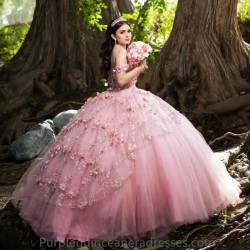 Off The Shoulder Pink Quinceanera Dress Ball Gown Applique Lace Beads Tull Corset Sweet 16 Vestidos De 15 Anos