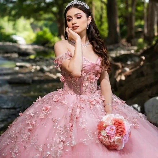 Off The Shoulder Pink Quinceanera Dress Ball Gown Applique Lace Beads Tull Corset Sweet 16 Vestidos De 15 Anos