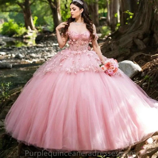 Off The Shoulder Pink Quinceanera Dress Ball Gown Applique Lace Beads Tull Corset Sweet 16 Vestidos De 15 Anos