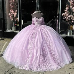 Off The Shoulder Pink Quincenara Dresses Ball Gown Floral Applique Lace Sweet 15 Vestidos De XV Anos With Bow