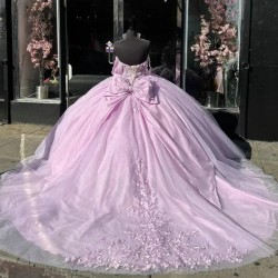 Off The Shoulder Pink Quincenara Dresses Ball Gown Floral Applique Lace Sweet 15 Vestidos De XV Anos With Bow