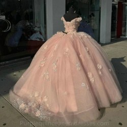 Off The Shoulder Pink Sequined Appliques Lace Ball Gown Quinceanera Dresses 3D Flowers Corset Vestidos De 15 Anos