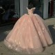 Off The Shoulder Pink Sequined Appliques Lace Ball Gown Quinceanera Dresses 3D Flowers Corset Vestidos De 15 Anos