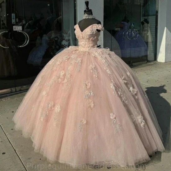 Off The Shoulder Pink Sequined Appliques Lace Ball Gown Quinceanera Dresses 3D Flowers Corset Vestidos De 15 Anos