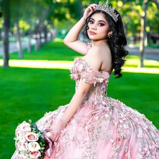 Off The Shoulder Pink Sequined Lace Ball Gown Quinceanera Dresses 3D Flowers Corset Vestidos De 15 Anos