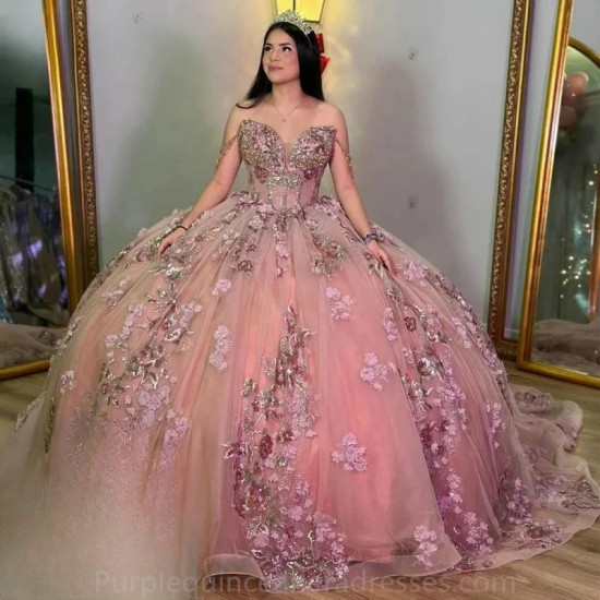 Off The Shoulder Princess Sequined Appliques Lace Quincenara Dresses Ball Gown Beading Sweet 15 Vestidos De XV Anos