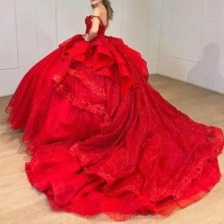 Off The Shoulder Red Ball Gown Quinceanera Dresses Sweet 16 Applique Lace Tull Party Prom Corset Vestido De 15 Anos