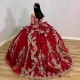 Off The Shoulder Red Bow Ball Gown Quinceanera Dresses Sequined Appliques Lace Corset Vestidos De 15 Anos