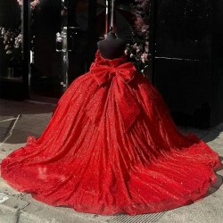 Off The Shoulder Red Glitter Crystal Beading Ball Gown Quincenara Dresses Corset Sweet 16 Vestidos De XV Anos With Bow