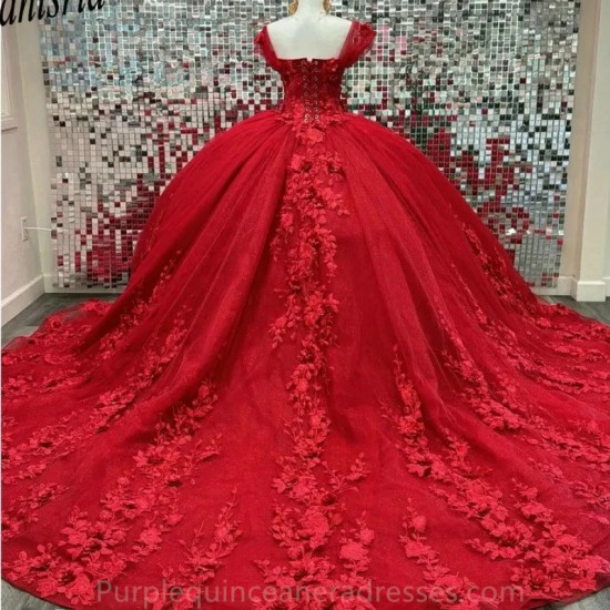 Off The Shoulder Red Quincenara Dresses Pearls Beading Ball Gown 3D Floral Lace Corset Sweet 16 Vestidos De XV Anos