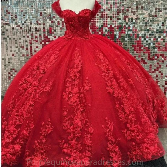 Off The Shoulder Red Quincenara Dresses Pearls Beading Ball Gown 3D Floral Lace Corset Sweet 16 Vestidos De XV Anos