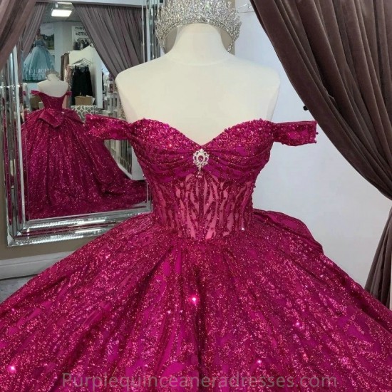 Off The Shoulder Rose Red Ball Gown Quinceanera Dress Beaded Crystal With Bow Birthday Prom Dresses For Girl Graduation Vestido