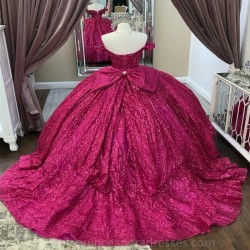 Off The Shoulder Rose Red Ball Gown Quinceanera Dress Beaded Crystal With Bow Birthday Prom Dresses For Girl Graduation Vestido