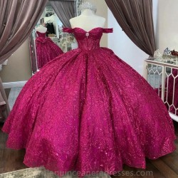 Off The Shoulder Rose Red Ball Gown Quinceanera Dress Beaded Crystal With Bow Birthday Prom Dresses For Girl Graduation Vestido