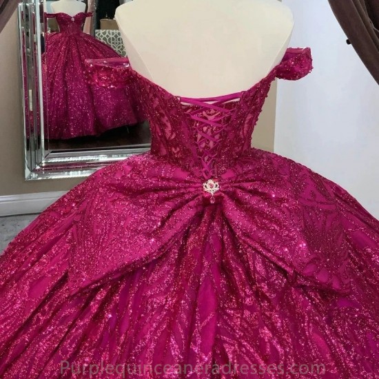 Off The Shoulder Rose Red Ball Gown Quinceanera Dress Beaded Crystal With Bow Birthday Prom Dresses For Girl Graduation Vestido