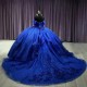 Off The Shoulder Royal Blue Backless Appliques Quinceanera Dress 2024 Ball Gown Floor Length Sweep Train Prom Dress