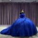 Off The Shoulder Royal Blue Backless Appliques Quinceanera Dress 2024 Ball Gown Floor Length Sweep Train Prom Dress