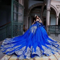 Off The Shoulder Royal Blue Crystal Ball Gown Quinceanera Dresses Appliques Lace Corset Vestidos De 15 Anos