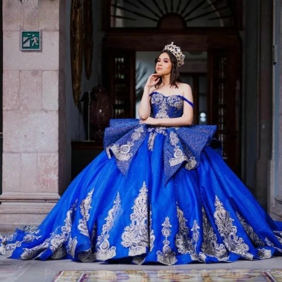 Off The Shoulder Royal Blue Crystal Ball Gown Quinceanera Dresses Appliques Lace Corset Vestidos De 15 Anos