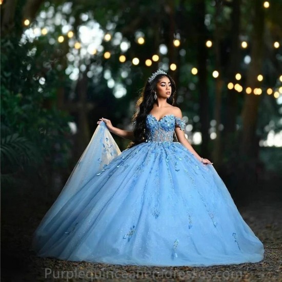 Off The Shoulder Royal Blue Quinceanera Dress 2024 Beaded 3D Flowers Corset Prom Dress Ball Gown Luxury Sweet 16 15