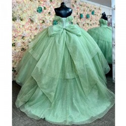 Off The Shoulder Sage Green Ball Gown Quincenara Dress Glitter Crystal Beading Corset Sweet 15 Vestidos De XV Anos With Bow