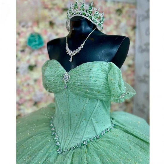 Off The Shoulder Sage Green Ball Gown Quincenara Dress Glitter Crystal Beading Corset Sweet 15 Vestidos De XV Anos With Bow