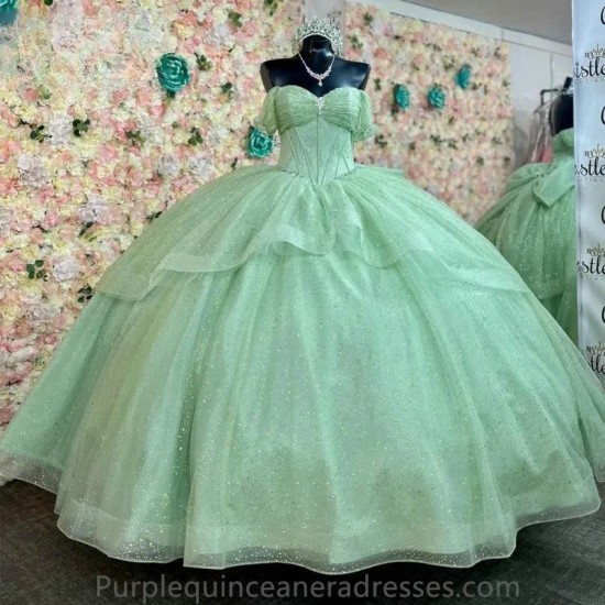 Off The Shoulder Sage Green Ball Gown Quincenara Dress Glitter Crystal Beading Corset Sweet 15 Vestidos De XV Anos With Bow