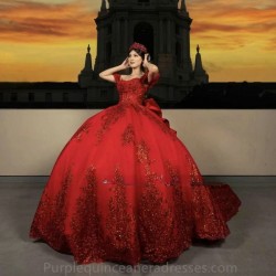 Off The Shoulder Sequin Red Evening Dress 2024 Bow Ball Gown Floor Length Sweep Train Quinceanera Dress