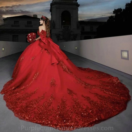 Off The Shoulder Sequin Red Evening Dress 2024 Bow Ball Gown Floor Length Sweep Train Quinceanera Dress