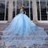 Off The Shoulder Sky Blue 16 Quinceanera Dresses Applique Lace Tull Party Dress Crystal Beading Ball Gown vestidos de 15