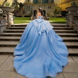 Off The Shoulder Sky Blue Pleat Ball Gown Quinceanera Dresses Illusion Glitter Crystal Beading Tull Vestidos De 15 Anos