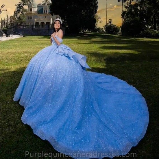 Off The Shoulder Sky Blue Pleat Ball Gown Quinceanera Dresses Illusion Glitter Crystal Beading Tull Vestidos De 15 Anos