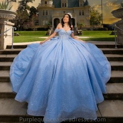 Off The Shoulder Sky Blue Pleat Ball Gown Quinceanera Dresses Illusion Glitter Crystal Beading Tull Vestidos De 15 Anos